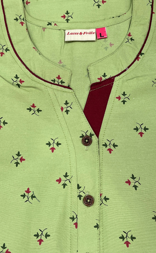 Green Tiny Floral Soft Cotton Nighty. Soft Breathable Fabric | Laces and Frills
