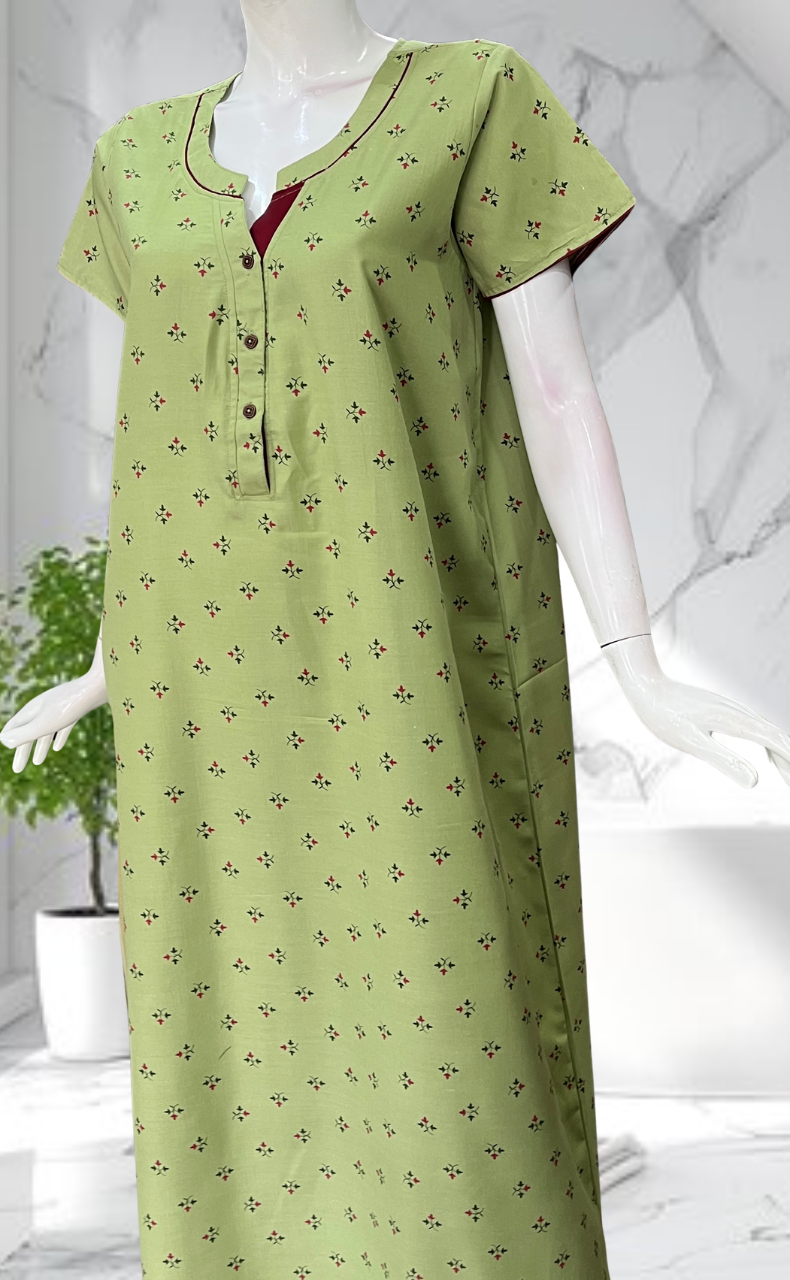 Green Tiny Floral Soft Cotton Nighty. Soft Breathable Fabric | Laces and Frills