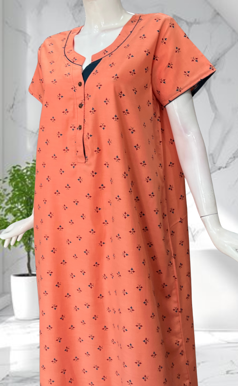 Peach Tiny Floral Soft Cotton Nighty. Soft Breathable Fabric | Laces and Frills