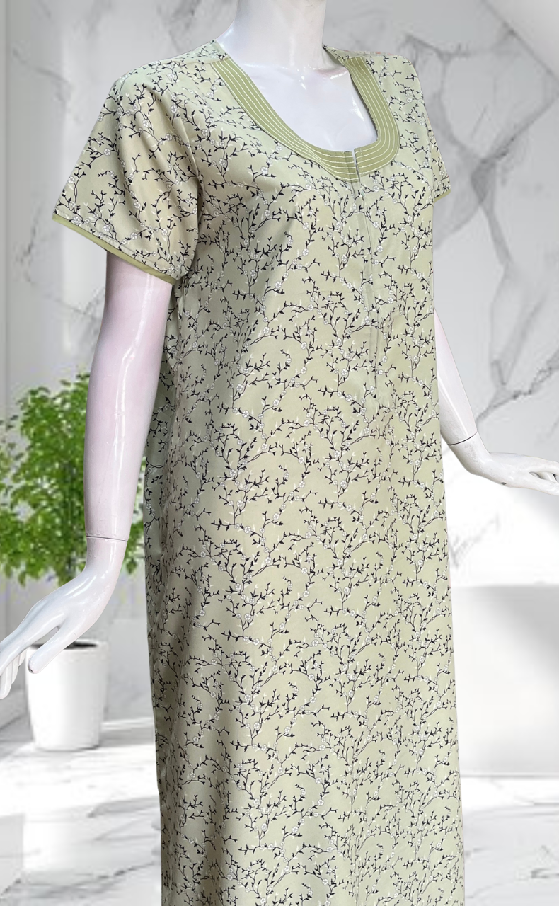 Pista Green Floral Soft Cotton Nighty. Soft Breathable Fabric | Laces and Frills