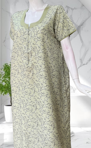 Pista Green Floral Soft Cotton Nighty. Soft Breathable Fabric | Laces and Frills