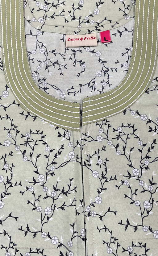 Pista Green Floral Soft Cotton Nighty. Soft Breathable Fabric | Laces and Frills