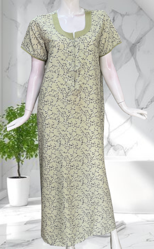 Pista Green Floral Soft Cotton Nighty. Soft Breathable Fabric | Laces and Frills