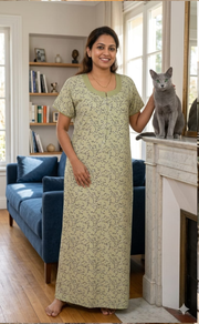 Pista Green Floral Soft Cotton Nighty. Soft Breathable Fabric | Laces and Frills - Laces and Frills