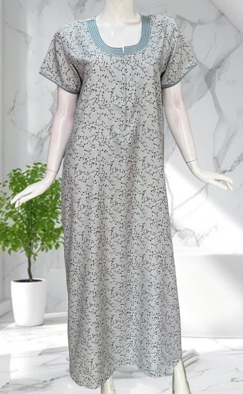 Grey Floral Soft Cotton Nighty. Soft Breathable Fabric | Laces and Frills