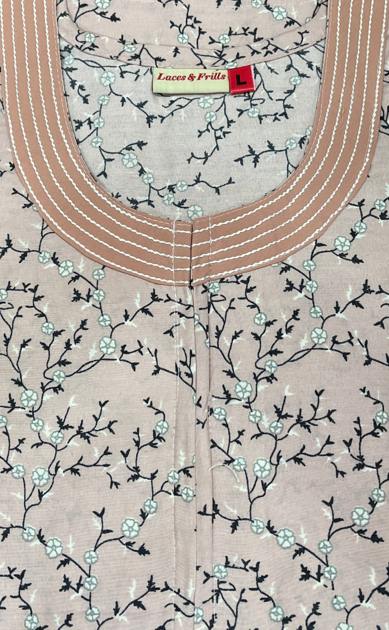 Light Pink Floral Soft Cotton Nighty. Soft Breathable Fabric | Laces and Frills