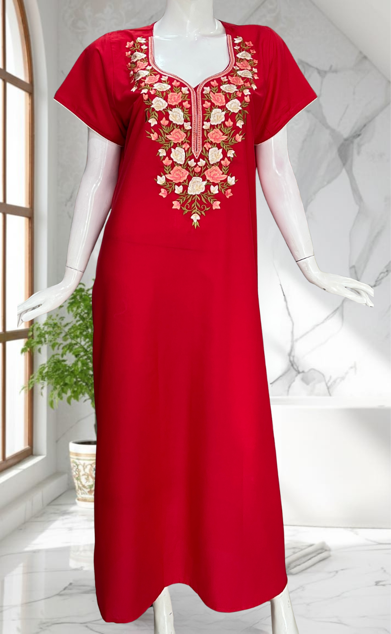 Red Parsi Embroidery Soft Cotton Nighty. Soft Breathable Fabric | Laces and Frills - Laces and Frills