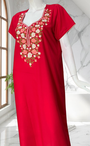 Red Parsi Embroidery Soft Cotton Nighty. Soft Breathable Fabric | Laces and Frills - Laces and Frills