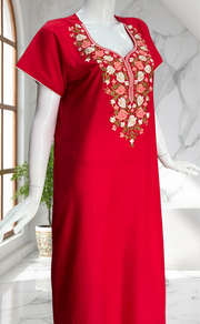 Red Parsi Embroidery Soft Cotton Nighty. Soft Breathable Fabric | Laces and Frills - Laces and Frills