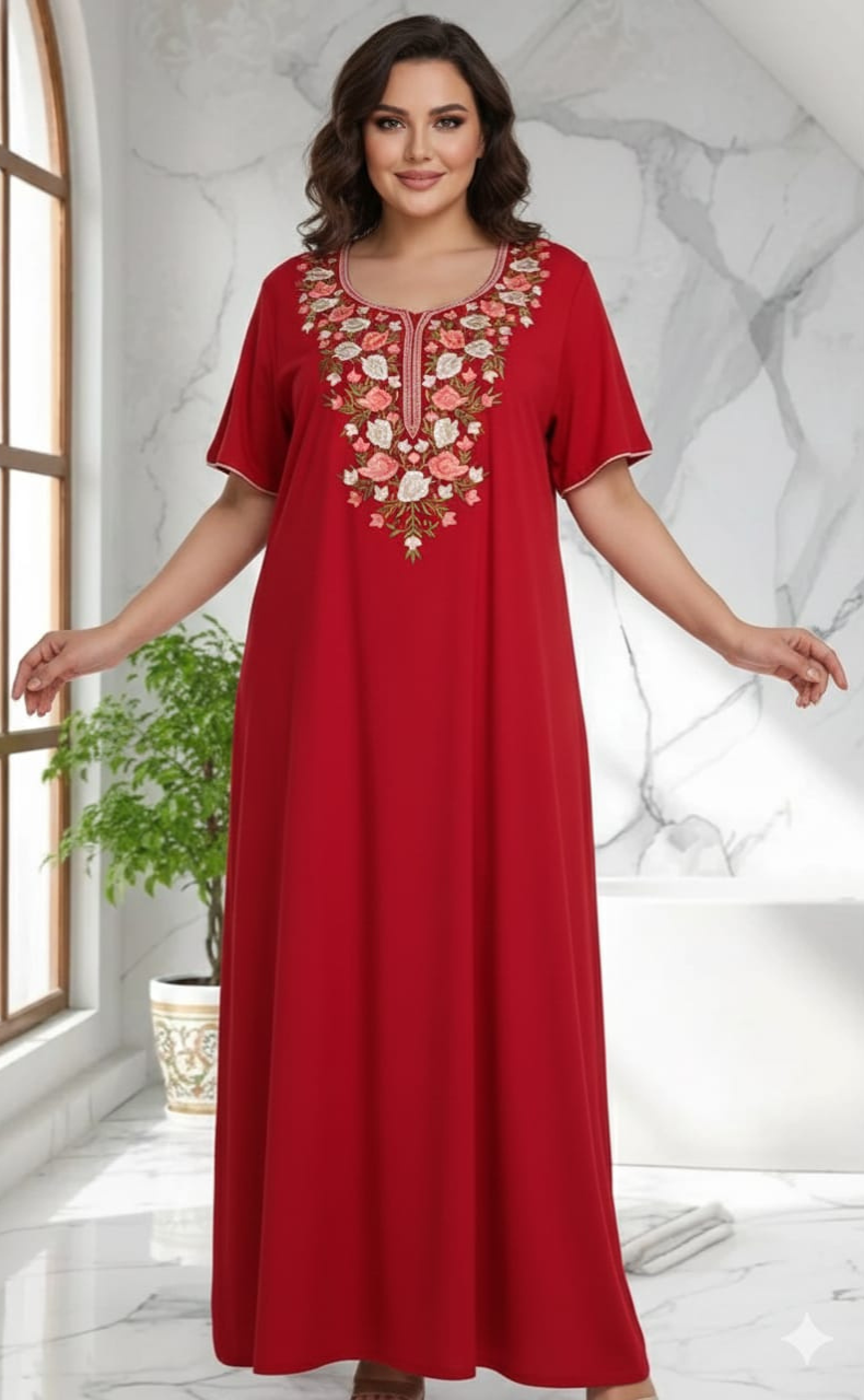 Red Parsi Embroidery Soft Cotton Nighty. Soft Breathable Fabric | Laces and Frills - Laces and Frills