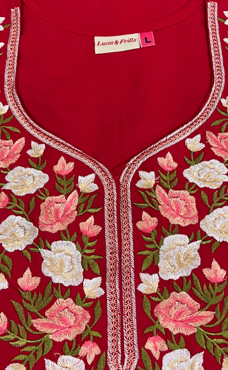 Red Parsi Embroidery Soft Cotton Nighty. Soft Breathable Fabric | Laces and Frills - Laces and Frills