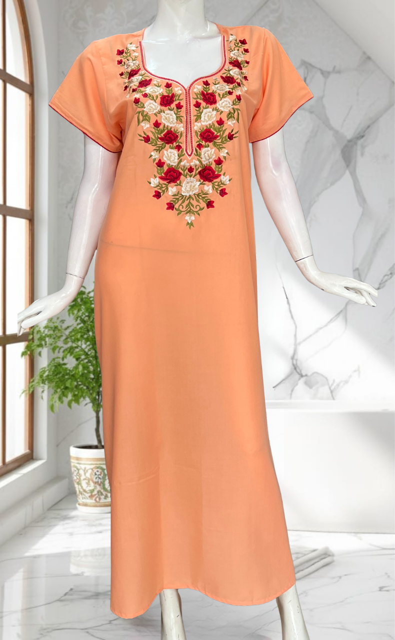 Peach Parsi Embroidery Soft Cotton Nighty. Soft Breathable Fabric | Laces and Frills - Laces and Frills