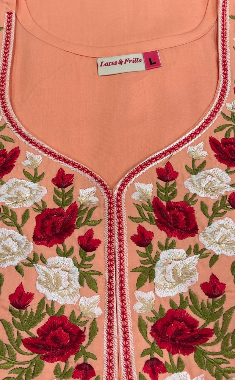 Peach Parsi Embroidery Soft Cotton Nighty. Soft Breathable Fabric | Laces and Frills - Laces and Frills