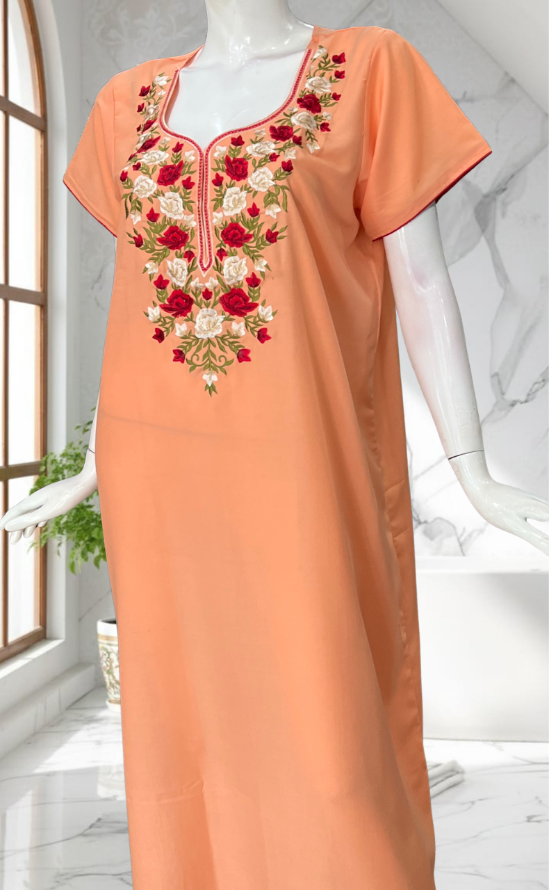 Peach Parsi Embroidery Soft Cotton Nighty. Soft Breathable Fabric | Laces and Frills - Laces and Frills