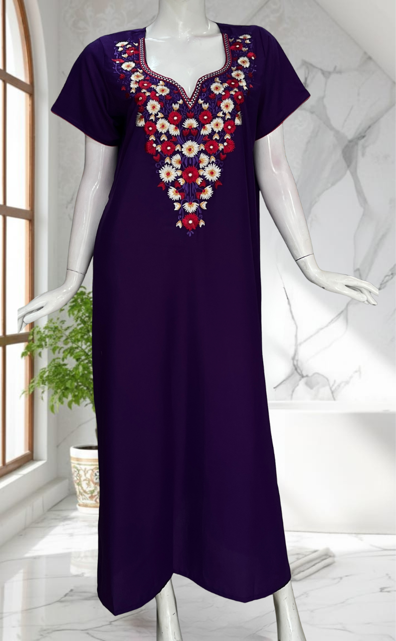 Violet Kashmiri Embroidery Soft Cotton Nighty. Soft Breathable Fabric | Laces and Frills - Laces and Frills