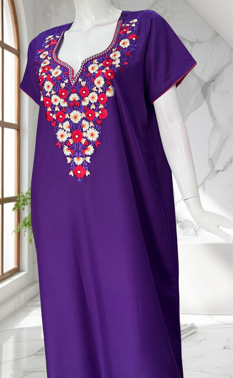 Violet Kashmiri Embroidery Soft Cotton Nighty. Soft Breathable Fabric | Laces and Frills - Laces and Frills