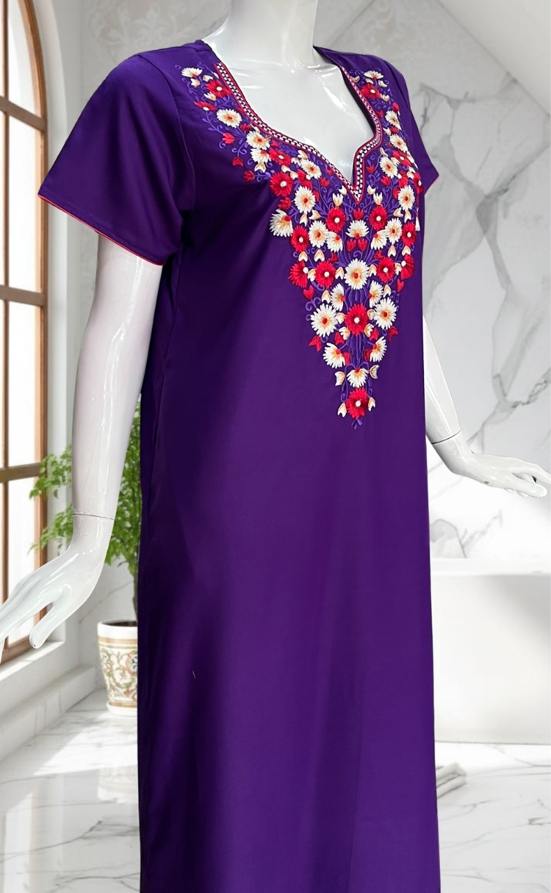 Violet Kashmiri Embroidery Soft Cotton Nighty. Soft Breathable Fabric | Laces and Frills - Laces and Frills