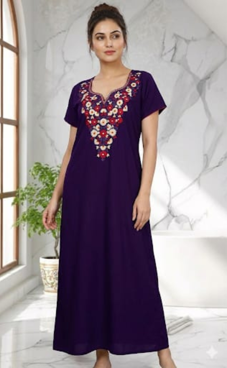 Violet Kashmiri Embroidery Soft Cotton Nighty. Soft Breathable Fabric | Laces and Frills - Laces and Frills