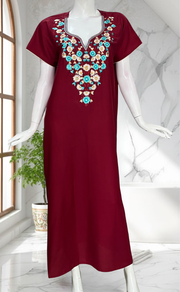 Dark Maroon Kashmiri Embroidery Soft Cotton Nighty. Soft Breathable Fabric | Laces and Frills - Laces and Frills