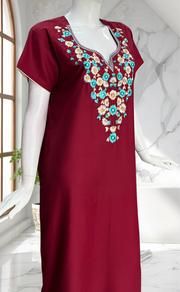 Dark Maroon Kashmiri Embroidery Soft Cotton Nighty. Soft Breathable Fabric | Laces and Frills - Laces and Frills