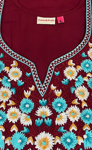 Dark Maroon Kashmiri Embroidery Soft Cotton Nighty. Soft Breathable Fabric | Laces and Frills - Laces and Frills