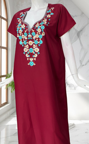 Dark Maroon Kashmiri Embroidery Soft Cotton Nighty. Soft Breathable Fabric | Laces and Frills - Laces and Frills
