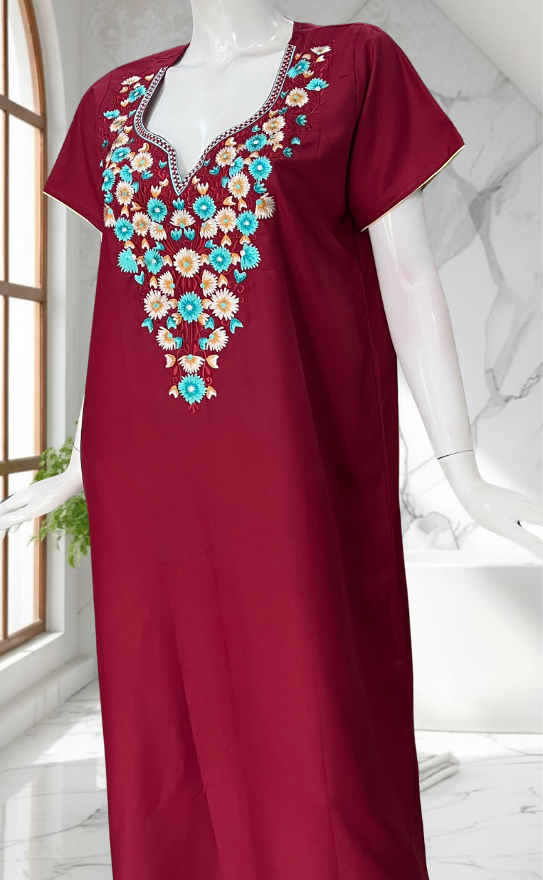Dark Maroon Kashmiri Embroidery Soft Cotton Nighty. Soft Breathable Fabric | Laces and Frills - Laces and Frills