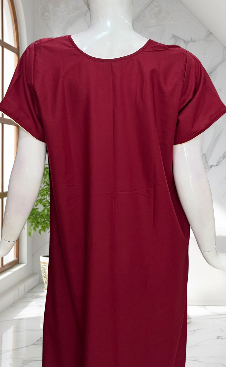 Dark Maroon Kashmiri Embroidery Soft Cotton Nighty. Soft Breathable Fabric | Laces and Frills - Laces and Frills