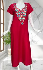 Rani Pink Kashmiri Embroidery Soft Cotton Nighty. Soft Breathable Fabric | Laces and Frills - Laces and Frills