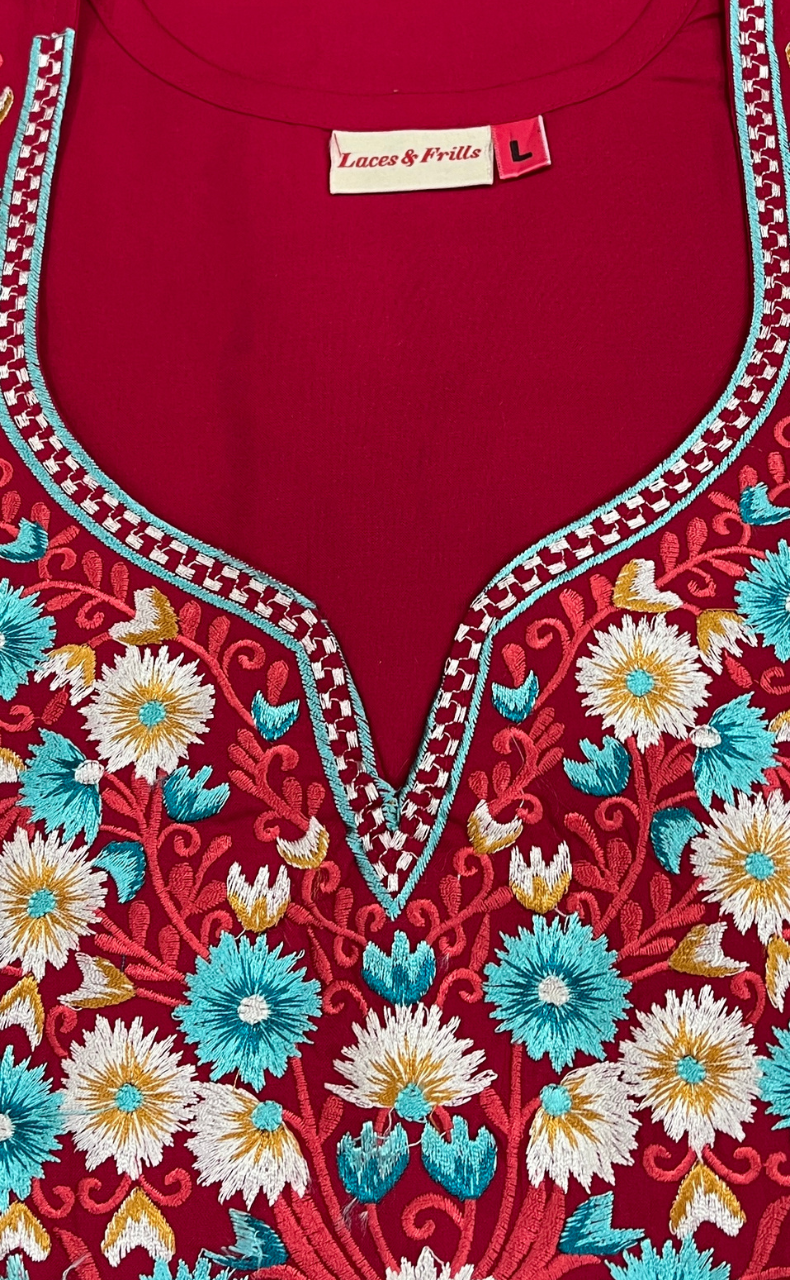 Rani Pink Kashmiri Embroidery Soft Cotton Nighty. Soft Breathable Fabric | Laces and Frills - Laces and Frills