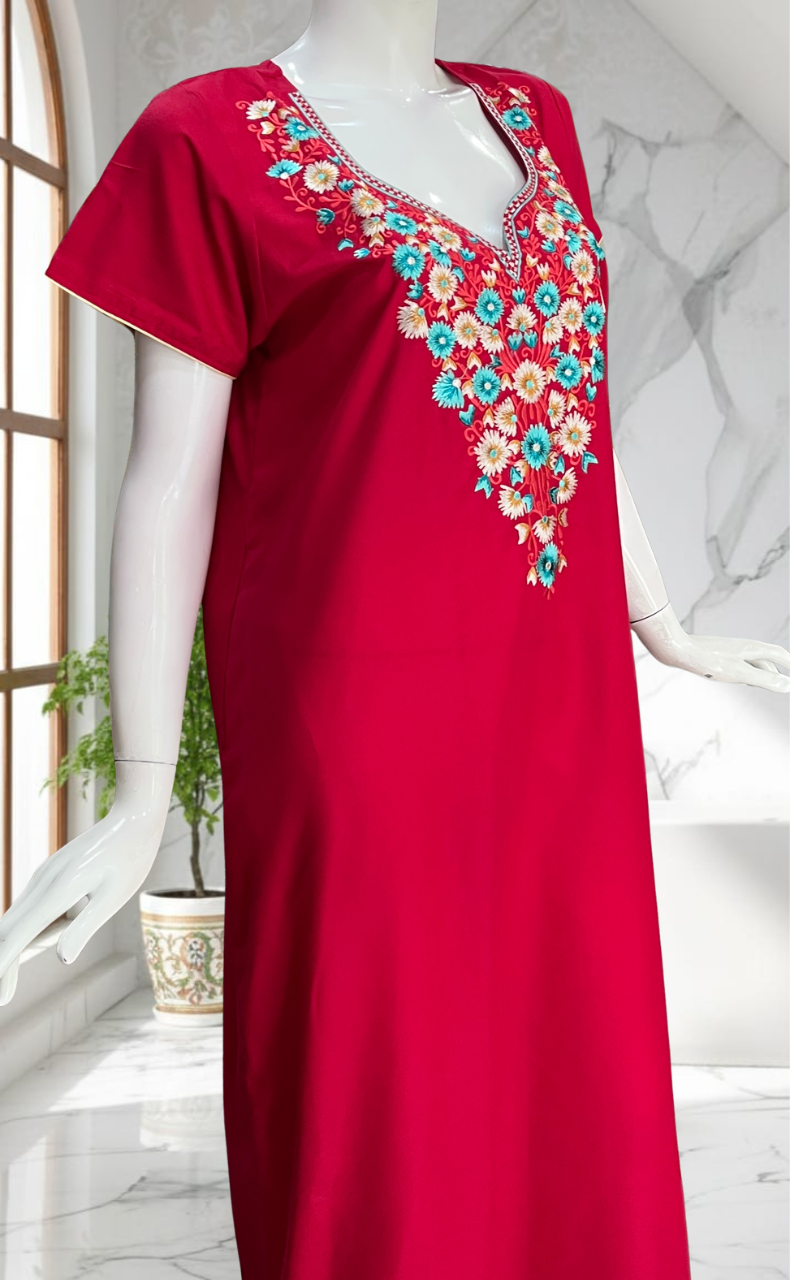 Rani Pink Kashmiri Embroidery Soft Cotton Nighty. Soft Breathable Fabric | Laces and Frills - Laces and Frills