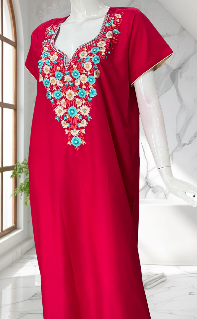 Rani Pink Kashmiri Embroidery Soft Cotton Nighty. Soft Breathable Fabric | Laces and Frills - Laces and Frills