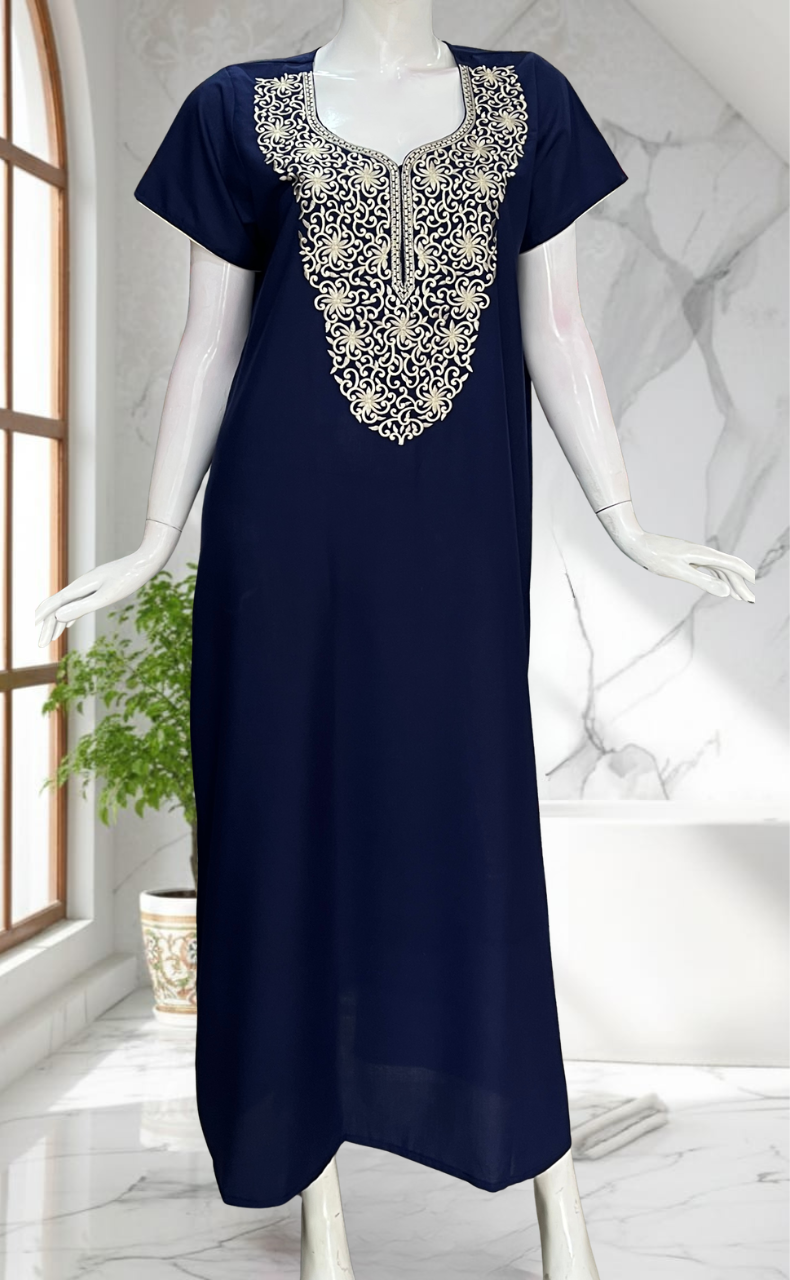 Navy Blue Lucknowi Embroidery Soft Cotton Nighty. Soft Breathable Fabric | Laces and Frills - Laces and Frills