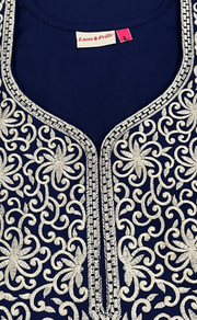 Navy Blue Lucknowi Embroidery Soft Cotton Nighty. Soft Breathable Fabric | Laces and Frills - Laces and Frills