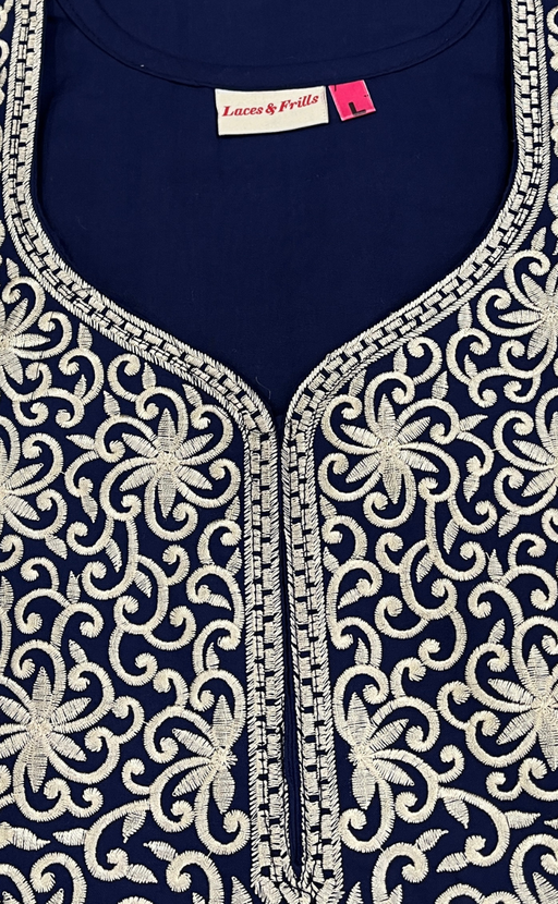 Navy Blue Lucknowi Embroidery Soft Cotton Nighty. Soft Breathable Fabric | Laces and Frills - Laces and Frills