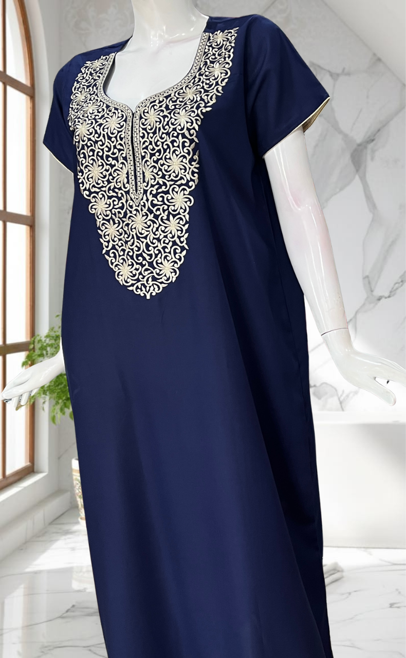 Navy Blue Lucknowi Embroidery Soft Cotton Nighty. Soft Breathable Fabric | Laces and Frills - Laces and Frills
