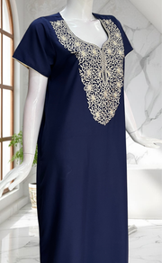 Navy Blue Lucknowi Embroidery Soft Cotton Nighty. Soft Breathable Fabric | Laces and Frills - Laces and Frills