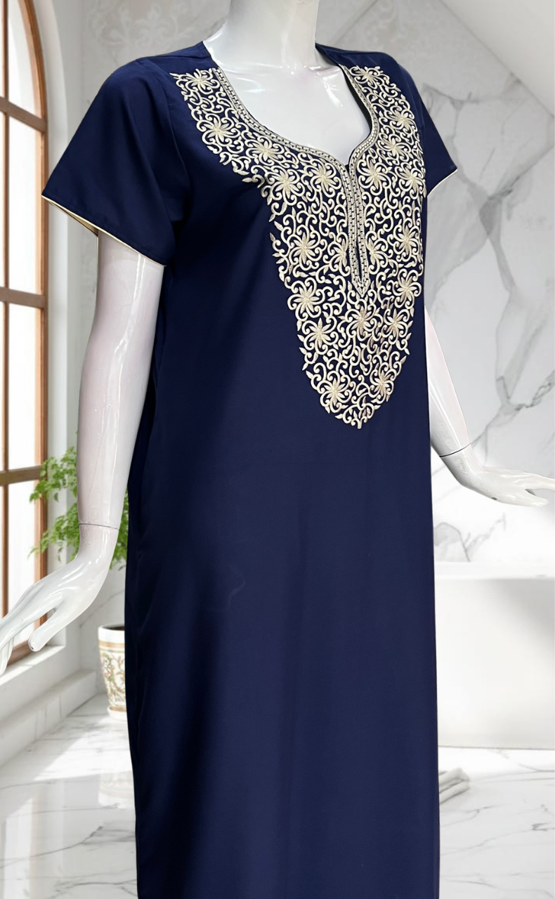 Navy Blue Lucknowi Embroidery Soft Cotton Nighty. Soft Breathable Fabric | Laces and Frills - Laces and Frills