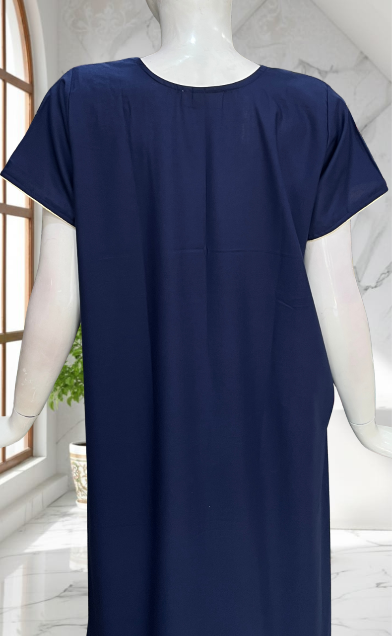 Navy Blue Lucknowi Embroidery Soft Cotton Nighty. Soft Breathable Fabric | Laces and Frills - Laces and Frills