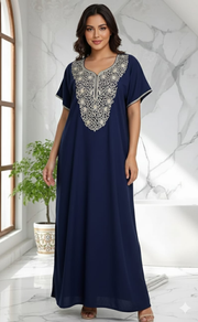 Navy Blue Lucknowi Embroidery Soft Cotton Nighty. Soft Breathable Fabric | Laces and Frills - Laces and Frills