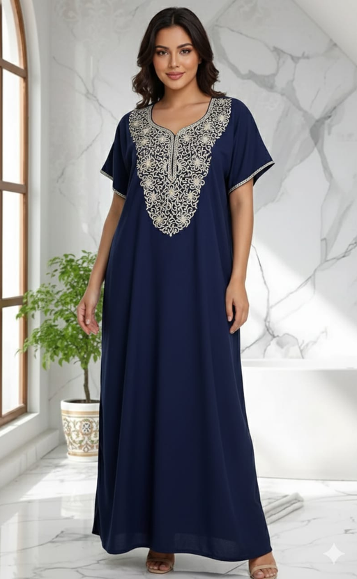 Navy Blue Lucknowi Embroidery Soft Cotton Nighty. Soft Breathable Fabric | Laces and Frills - Laces and Frills