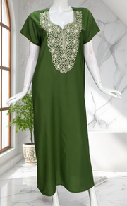Green Lucknowi Embroidery Soft Cotton Nighty. Soft Breathable Fabric | Laces and Frills - Laces and Frills