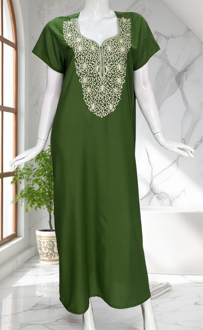 Green Lucknowi Embroidery Soft Cotton Nighty. Soft Breathable Fabric | Laces and Frills - Laces and Frills