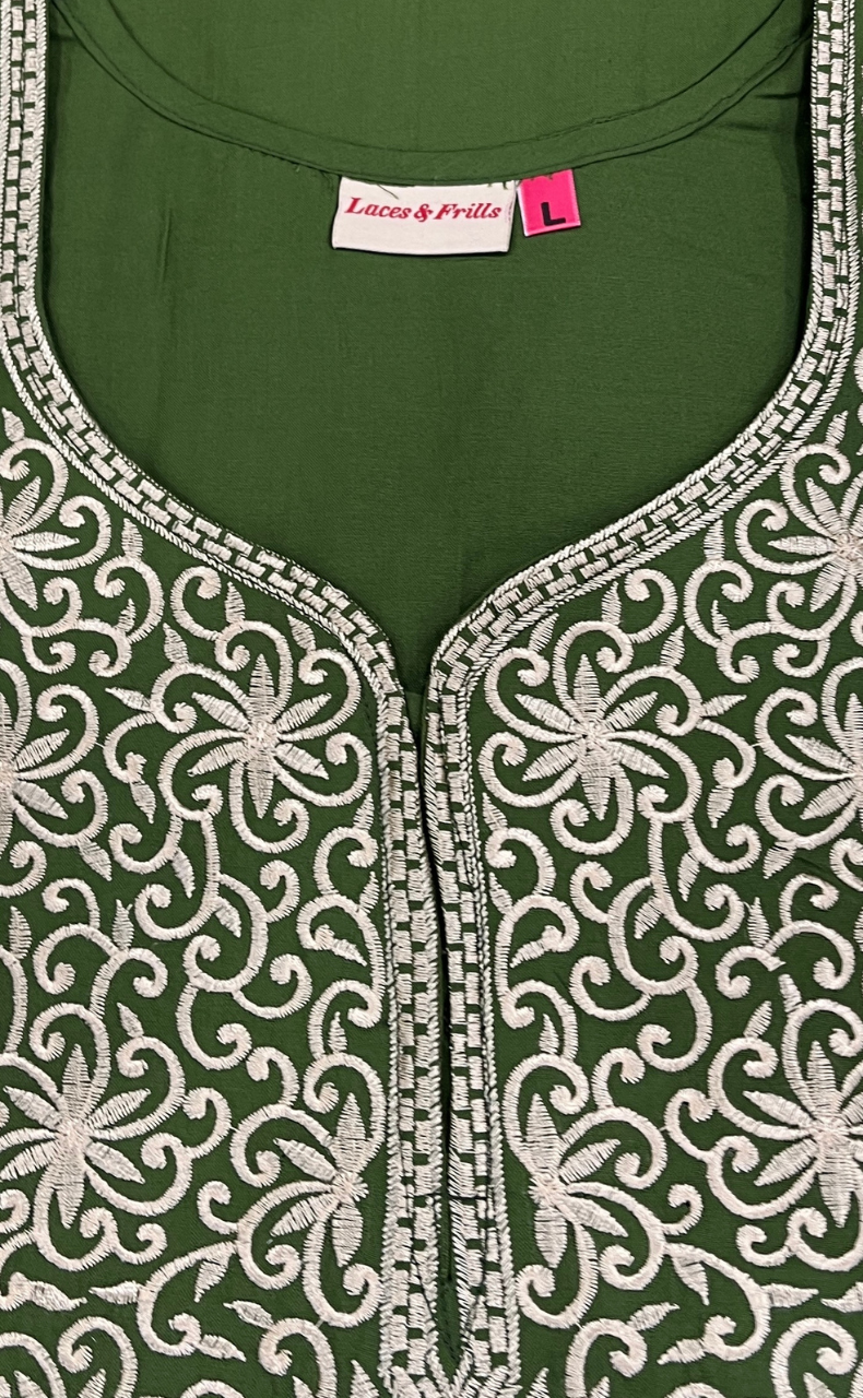 Green Lucknowi Embroidery Soft Cotton Nighty. Soft Breathable Fabric | Laces and Frills - Laces and Frills