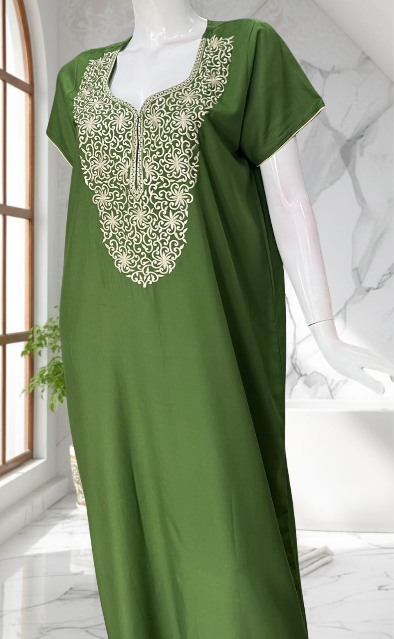 Green Lucknowi Embroidery Soft Cotton Nighty. Soft Breathable Fabric | Laces and Frills - Laces and Frills