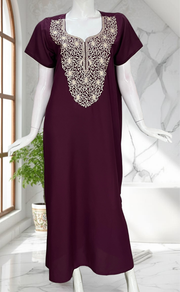 Wine Colour Lucknowi Embroidery Soft Cotton Nighty. Soft Breathable Fabric | Laces and Frills - Laces and Frills