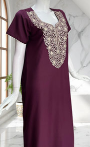Wine Colour Lucknowi Embroidery Soft Cotton Nighty. Soft Breathable Fabric | Laces and Frills - Laces and Frills