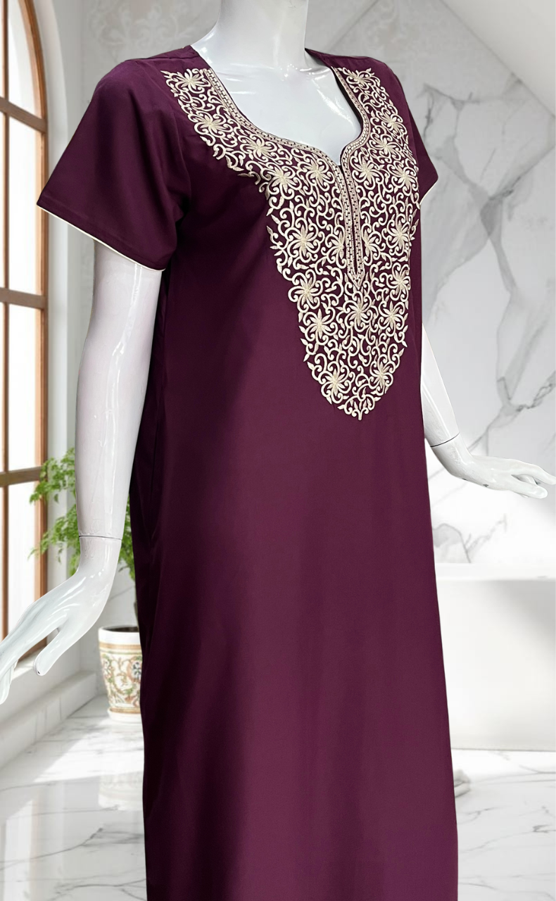 Wine Colour Lucknowi Embroidery Soft Cotton Nighty. Soft Breathable Fabric | Laces and Frills - Laces and Frills