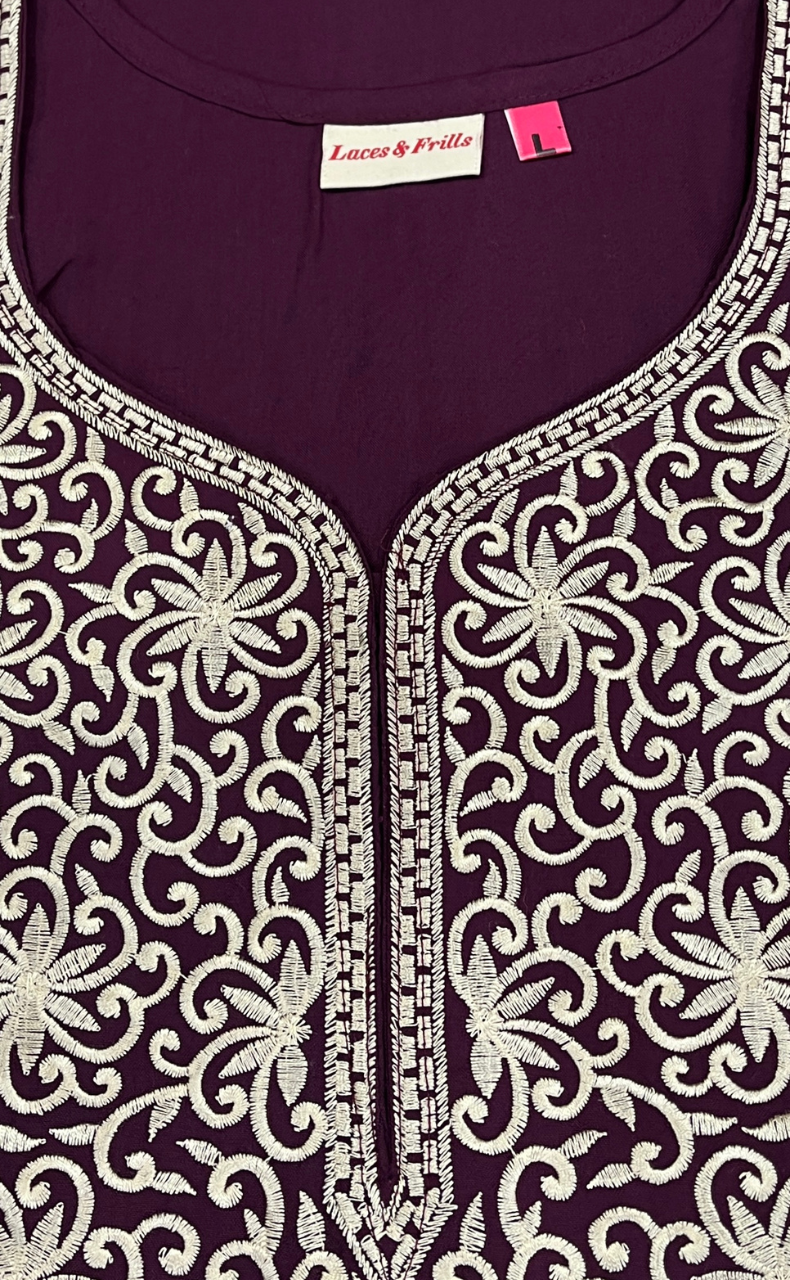 Wine Colour Lucknowi Embroidery Soft Cotton Nighty. Soft Breathable Fabric | Laces and Frills - Laces and Frills