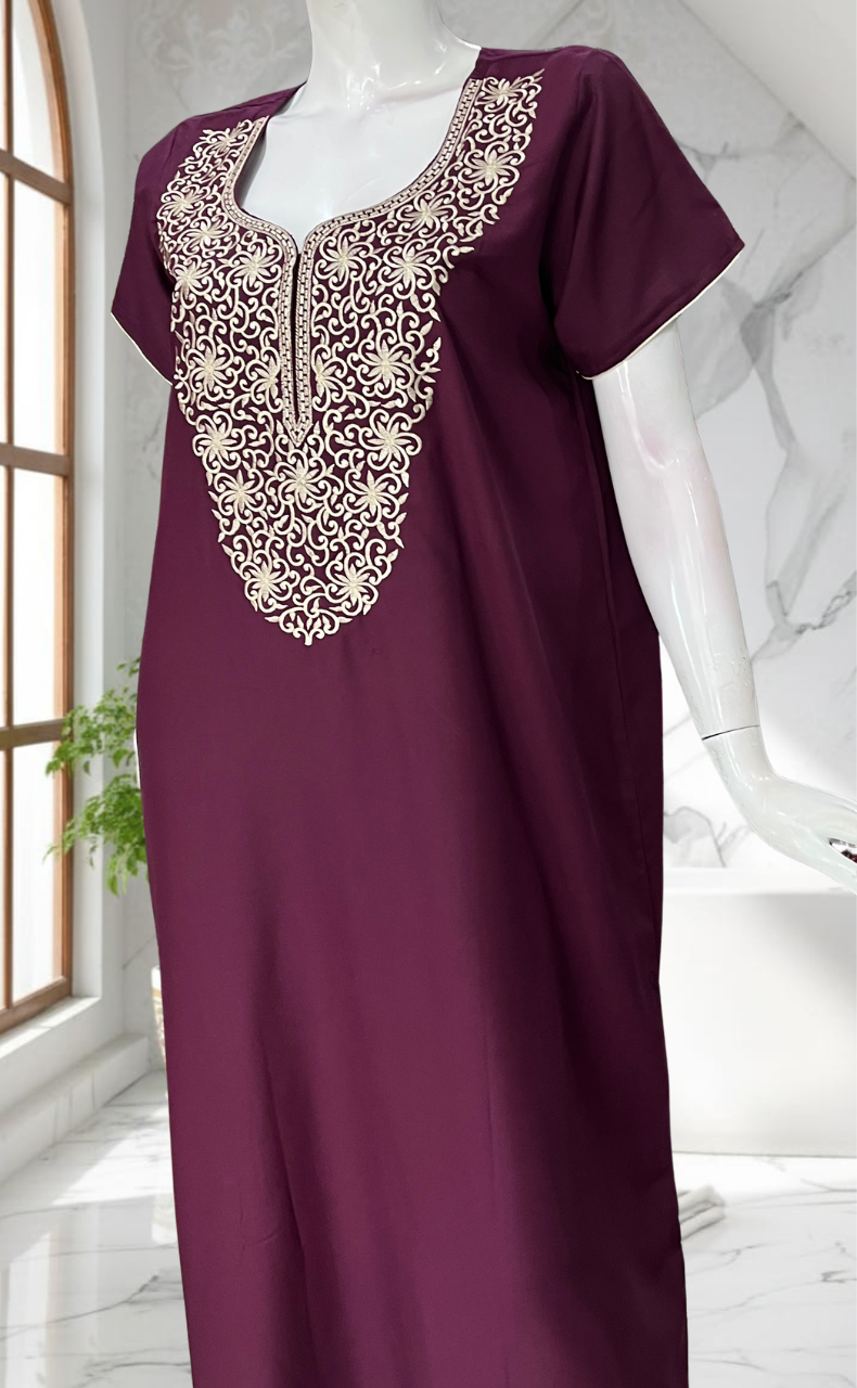 Wine Colour Lucknowi Embroidery Soft Cotton Nighty. Soft Breathable Fabric | Laces and Frills - Laces and Frills